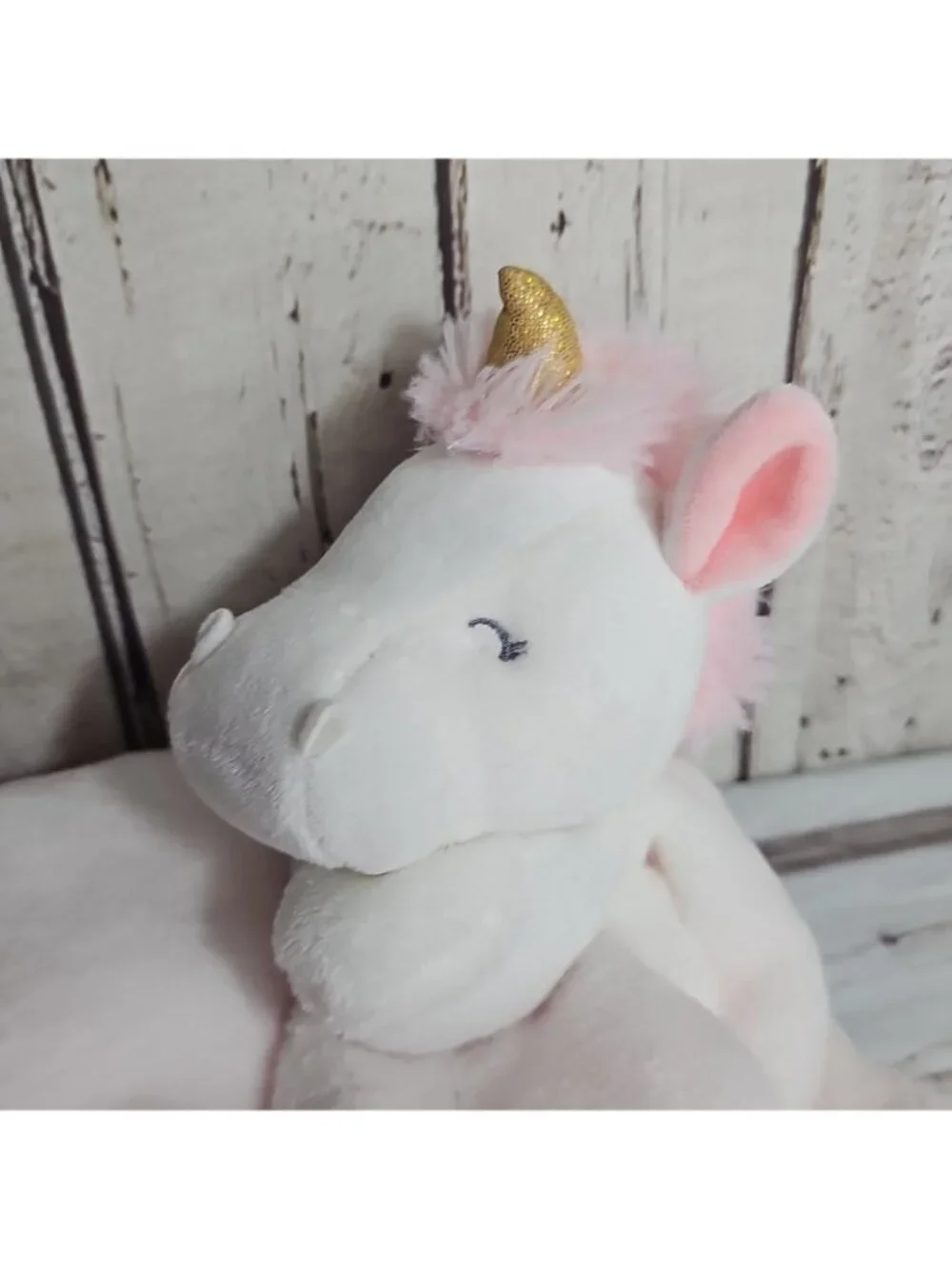 Carters White Unicorn Plush Pink Satin Trim Security Blanket Lovey Gold Horn